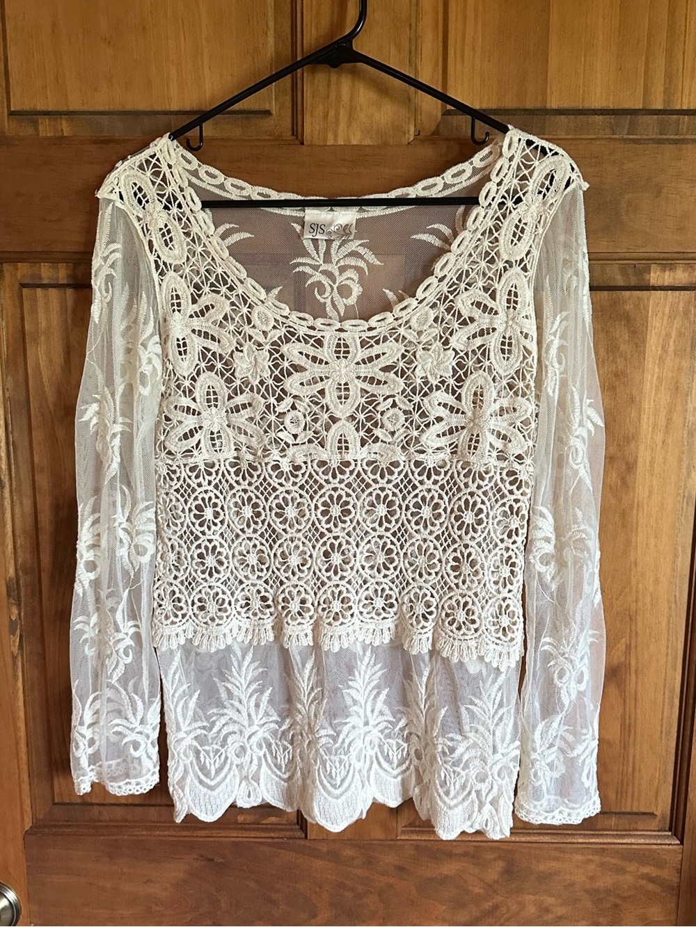 Anthropologie cream Boho Crochet Lace Long-Sleeve overlay western Top Size L